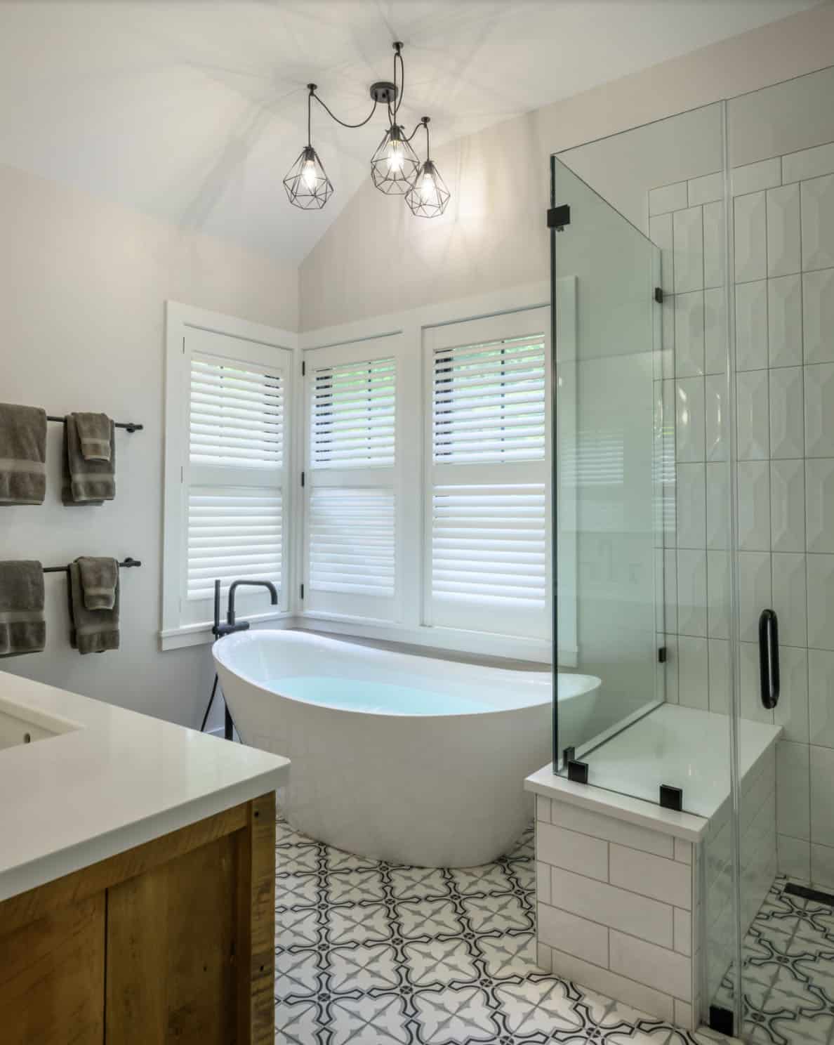 Rustic Bathroom with a vanity, shower and freestanding tub