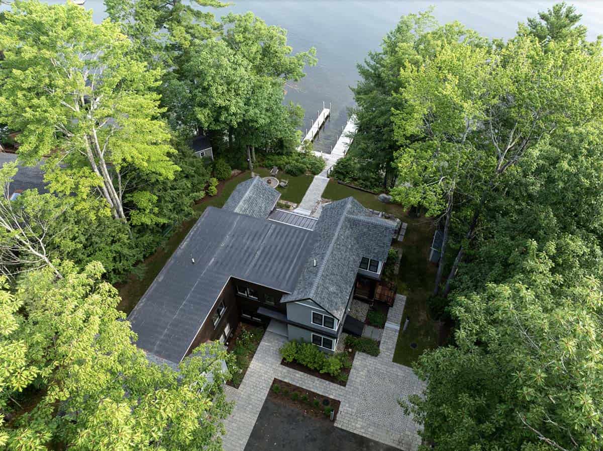 Contemporary Lake House Exterior aerial view