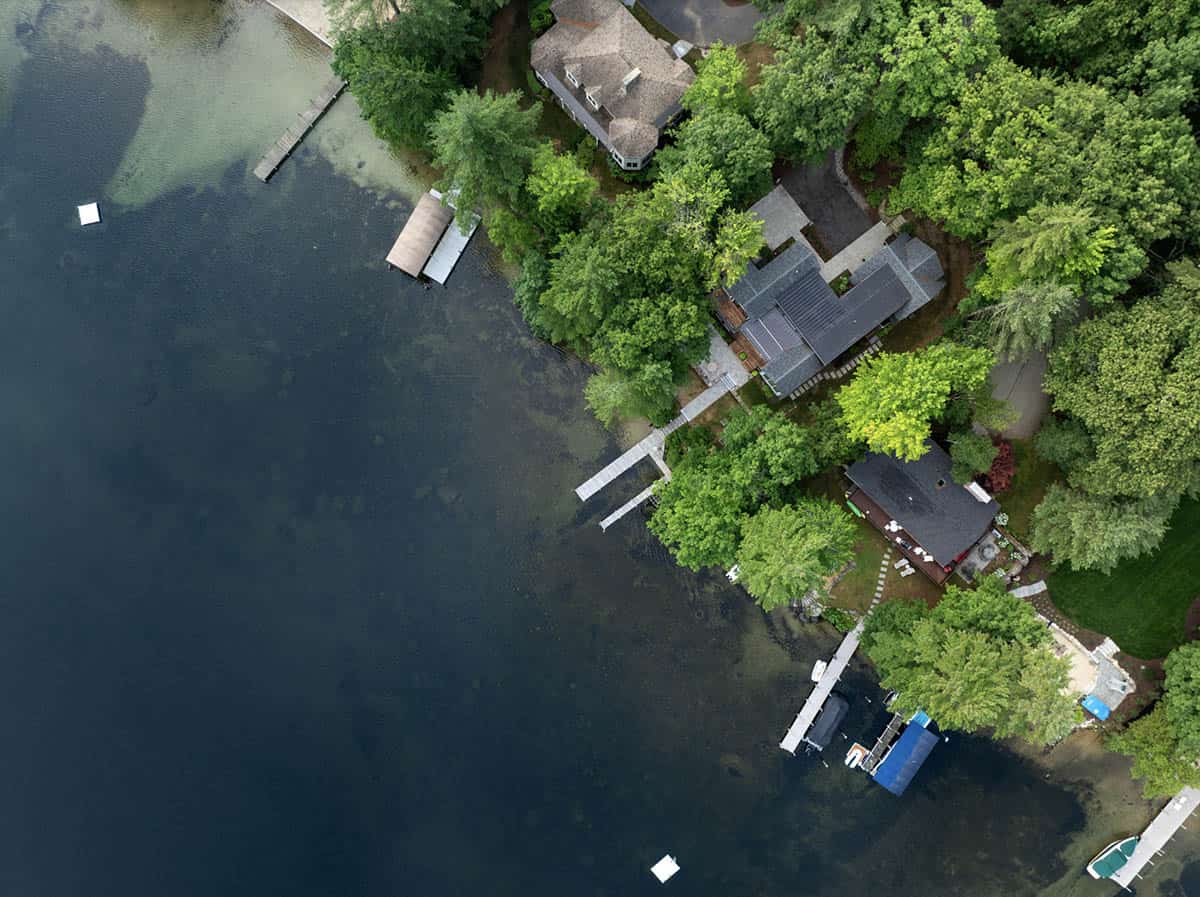 Contemporary Lake House Exterior aerial view