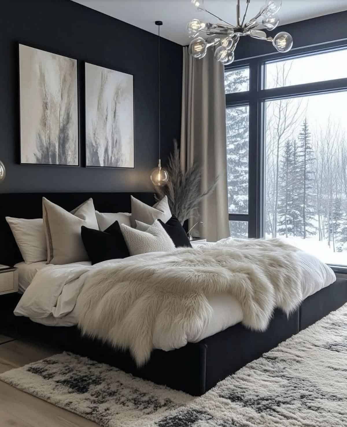 modern bedroom with dark walls and cozy texture