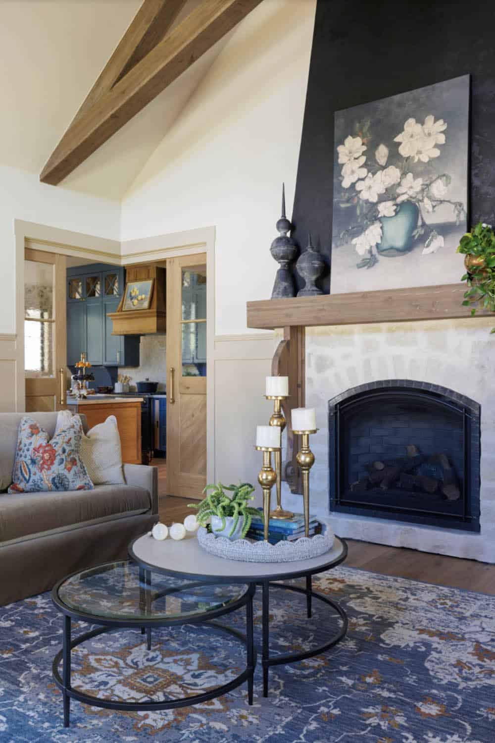 French Country Living Room with a fireplace
