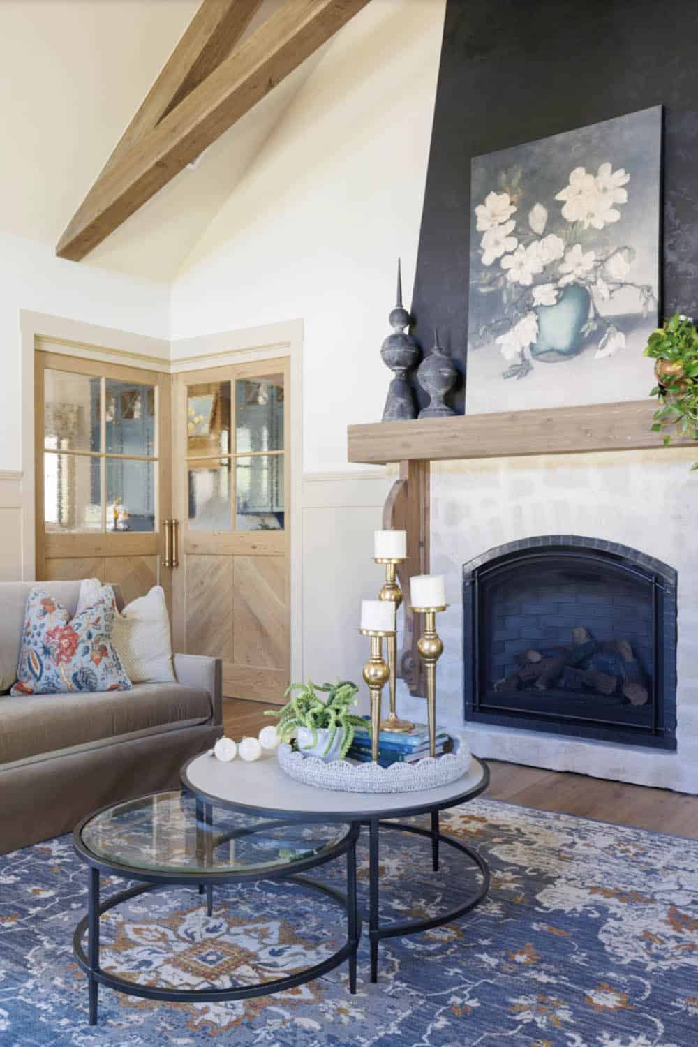 French Country Living Room with a fireplace