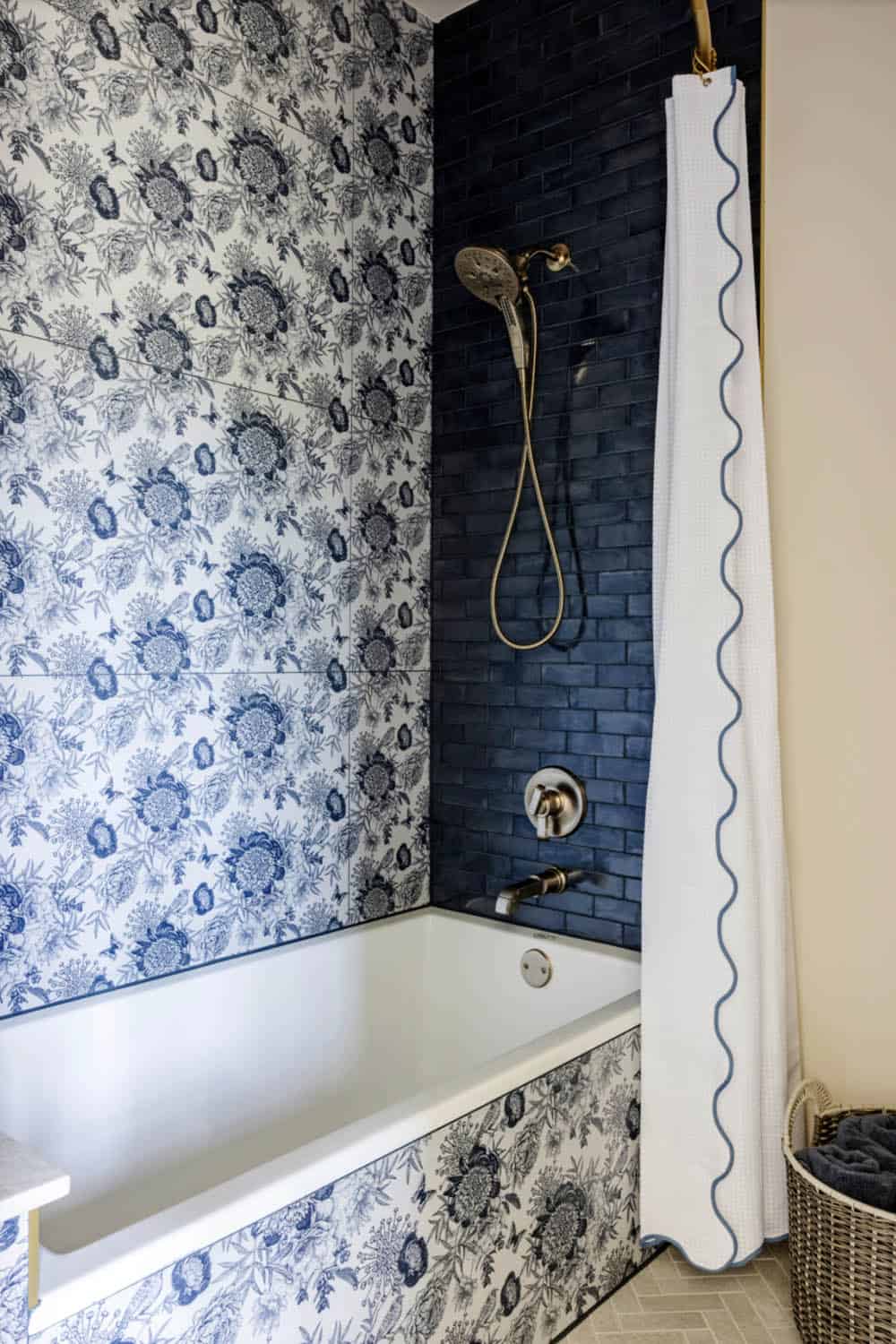 French Country Bathroom with a tub shower combo