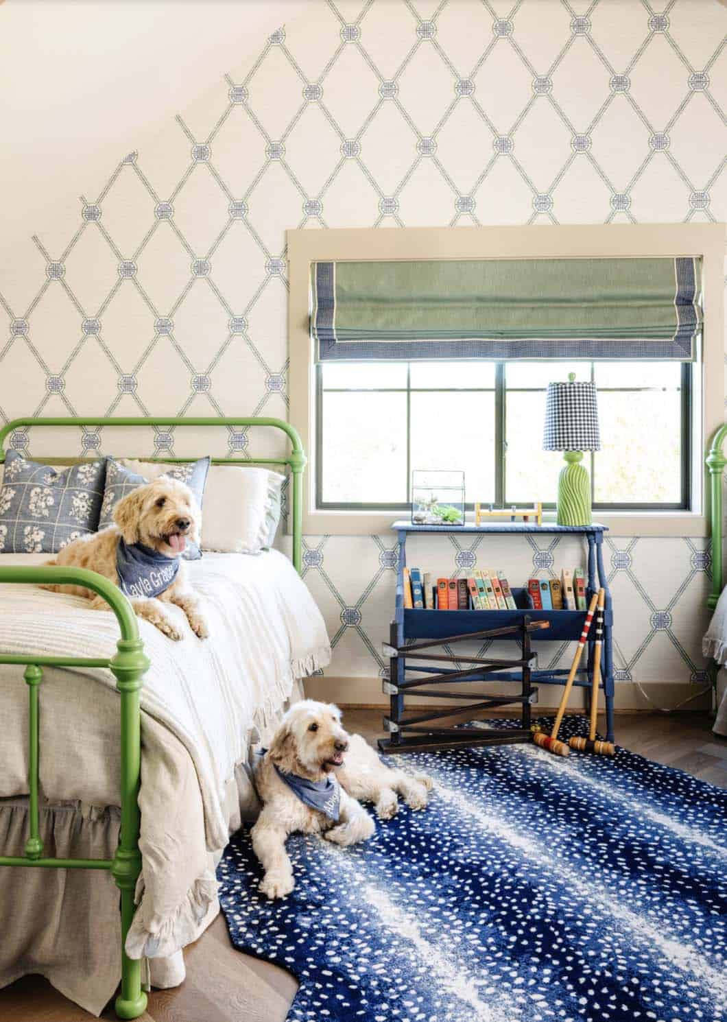 French Country Kids Bedroom with dogs on the bed