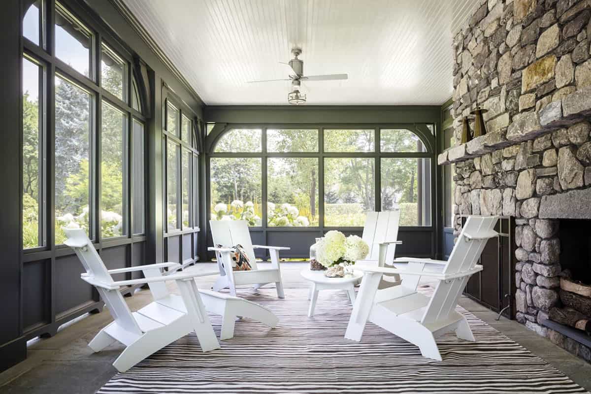 Transitional style Screened-in Porch with Fireplace