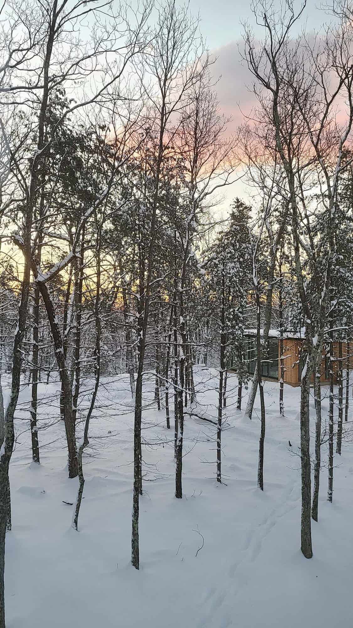 glass bunkhouse exterior with snow