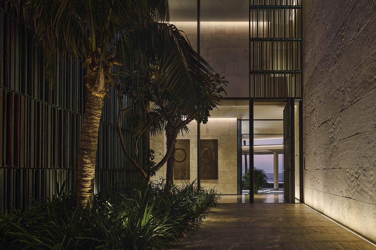 Modern building entrance framed by lush palm trees at dusk