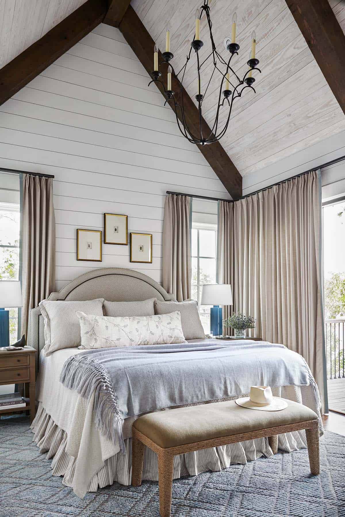 contemporary bedroom with a vaulted ceiling