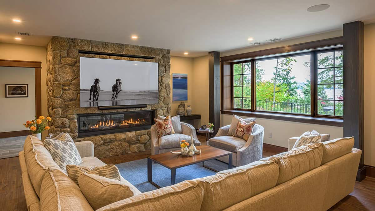 Rustic Family Room with a fireplace