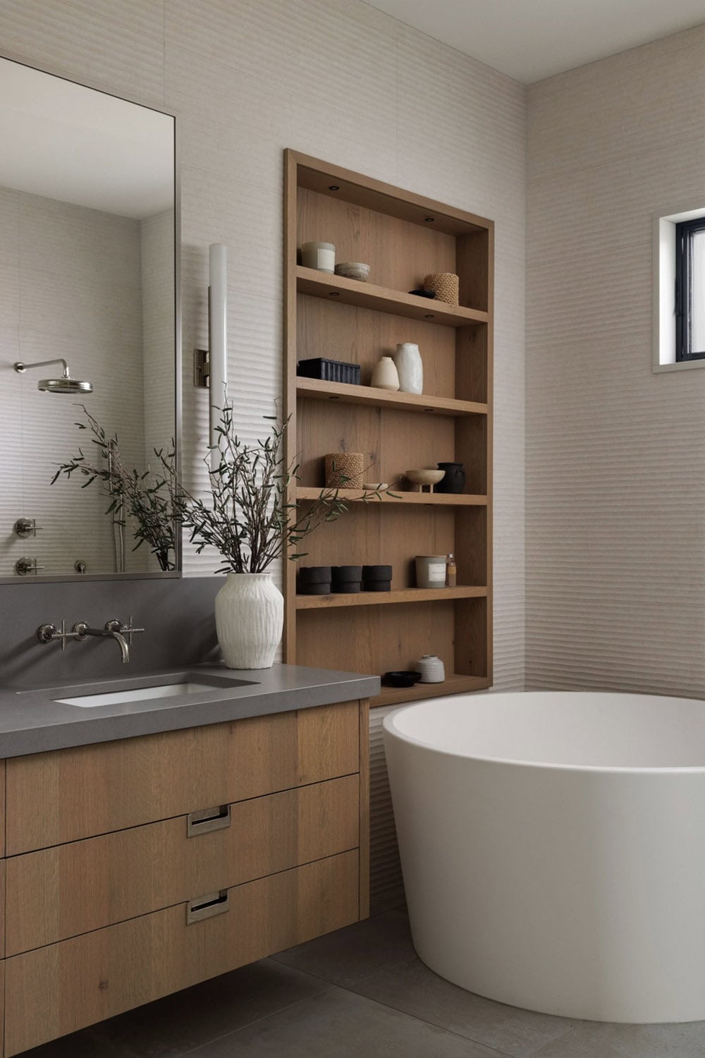 beach style bathroom with a vanity and freestanding tub