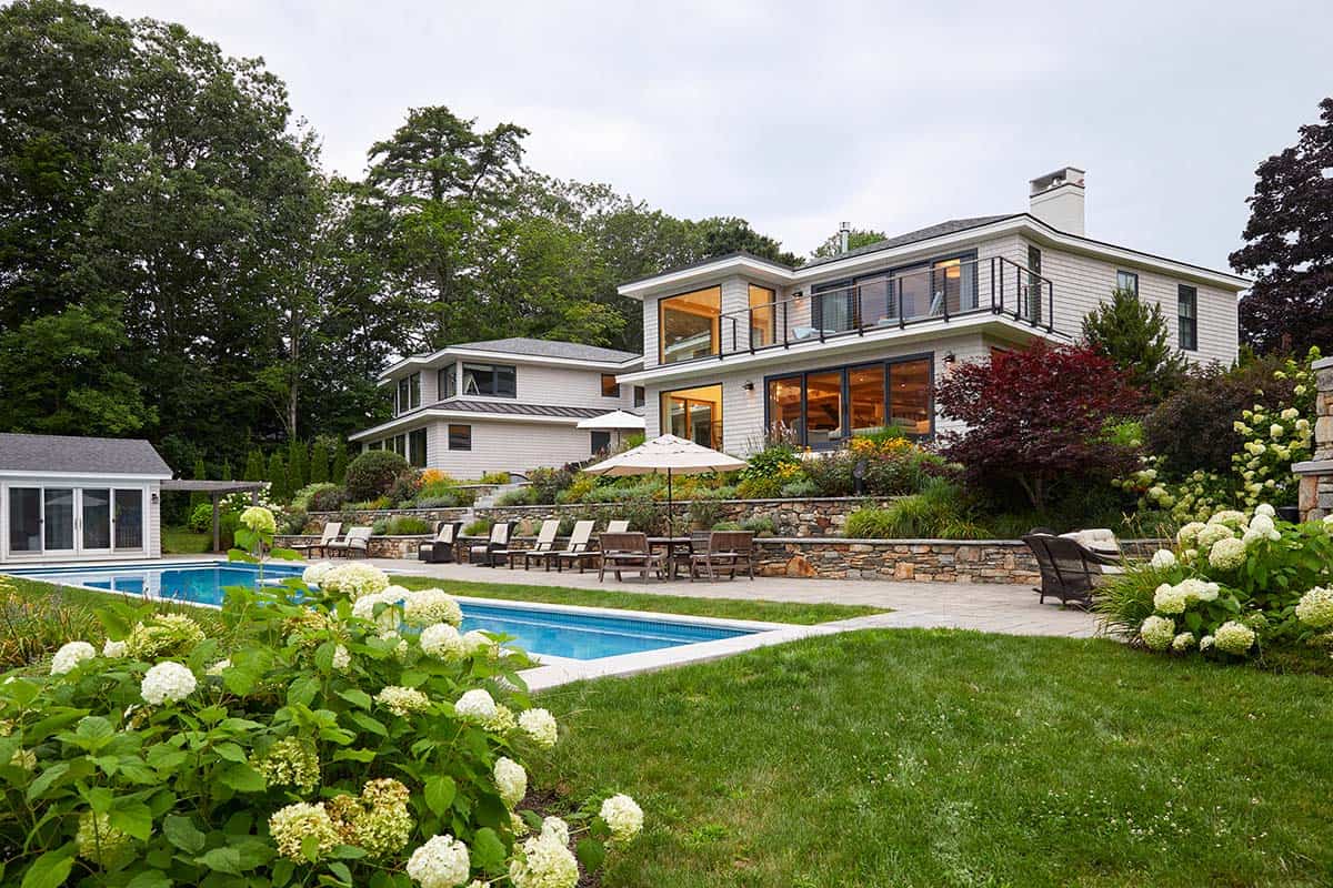 modern coastal home exterior landscape with a pool