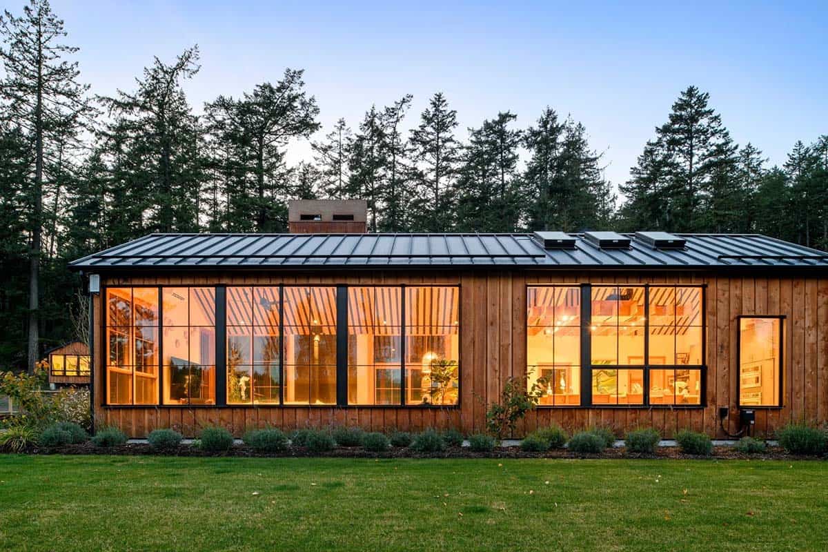 Bright modern farmhouse exterior with large windows