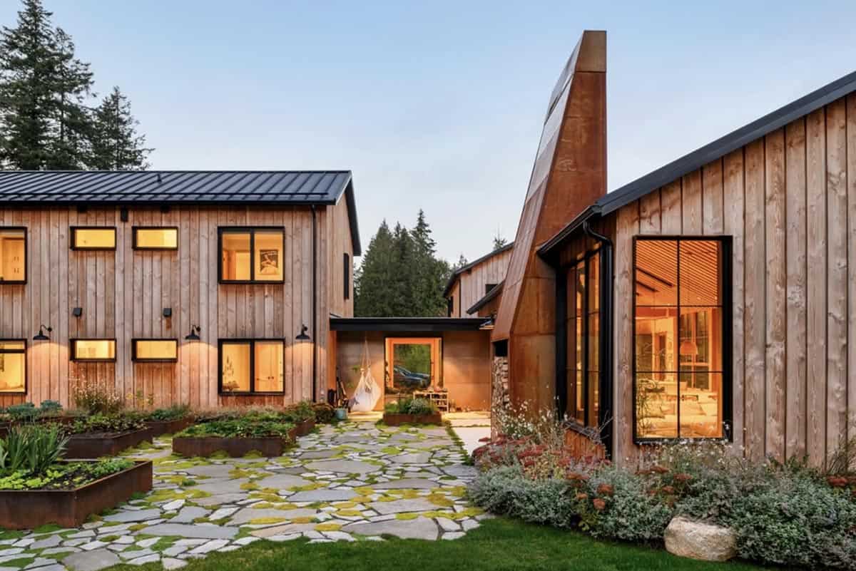 modern farmhouse family home exterior on orcas island