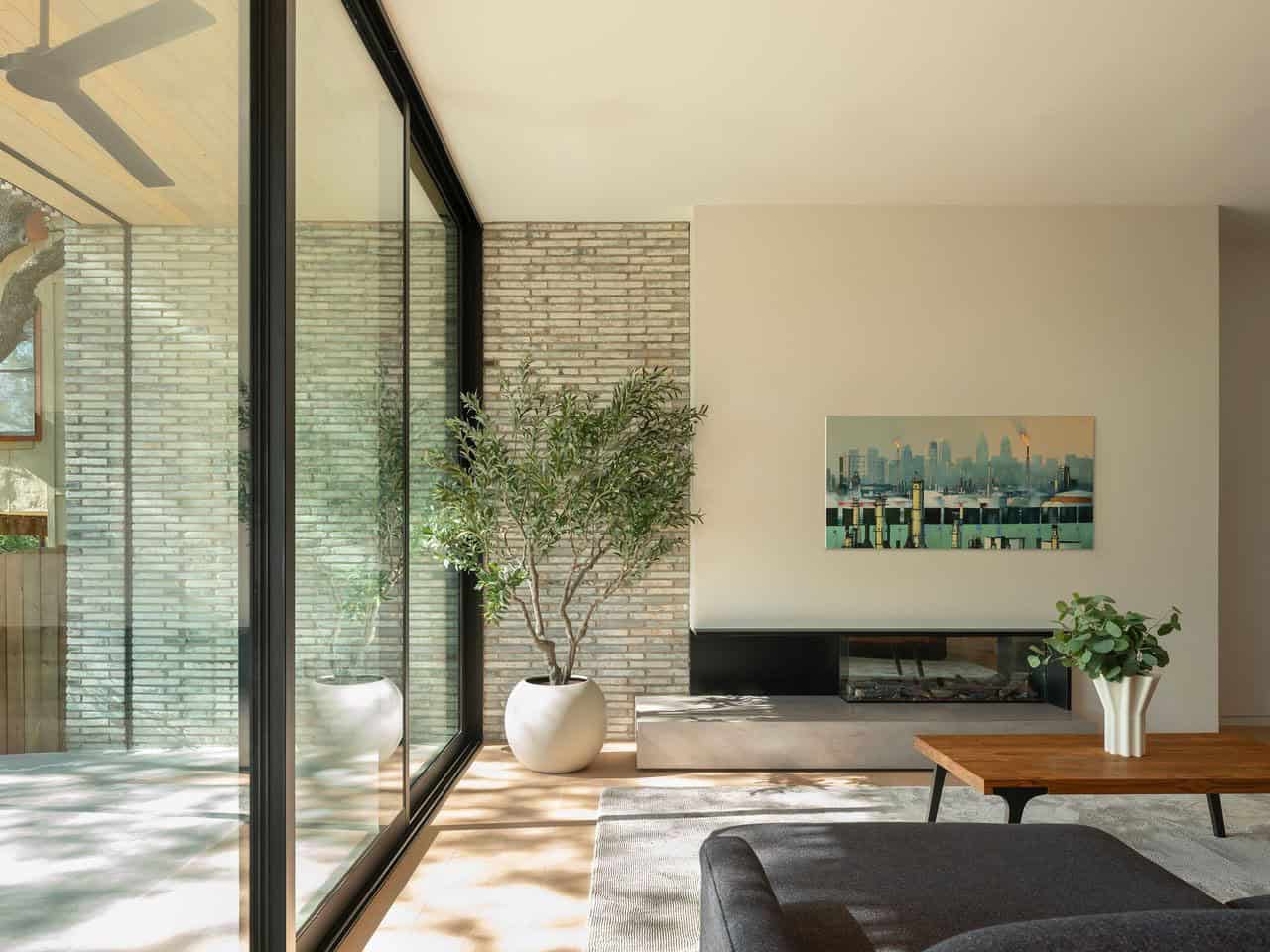 modern living room with a fireplace