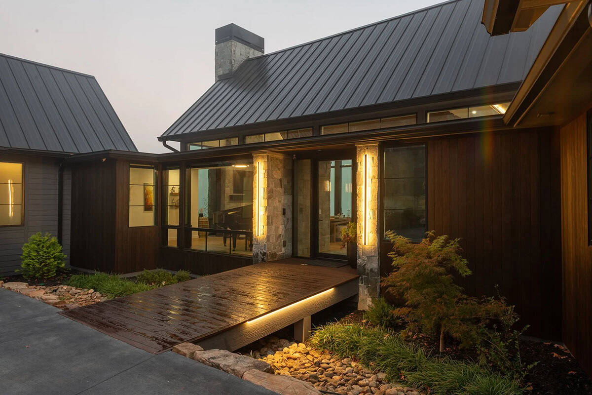 modern lake house exterior at dusk