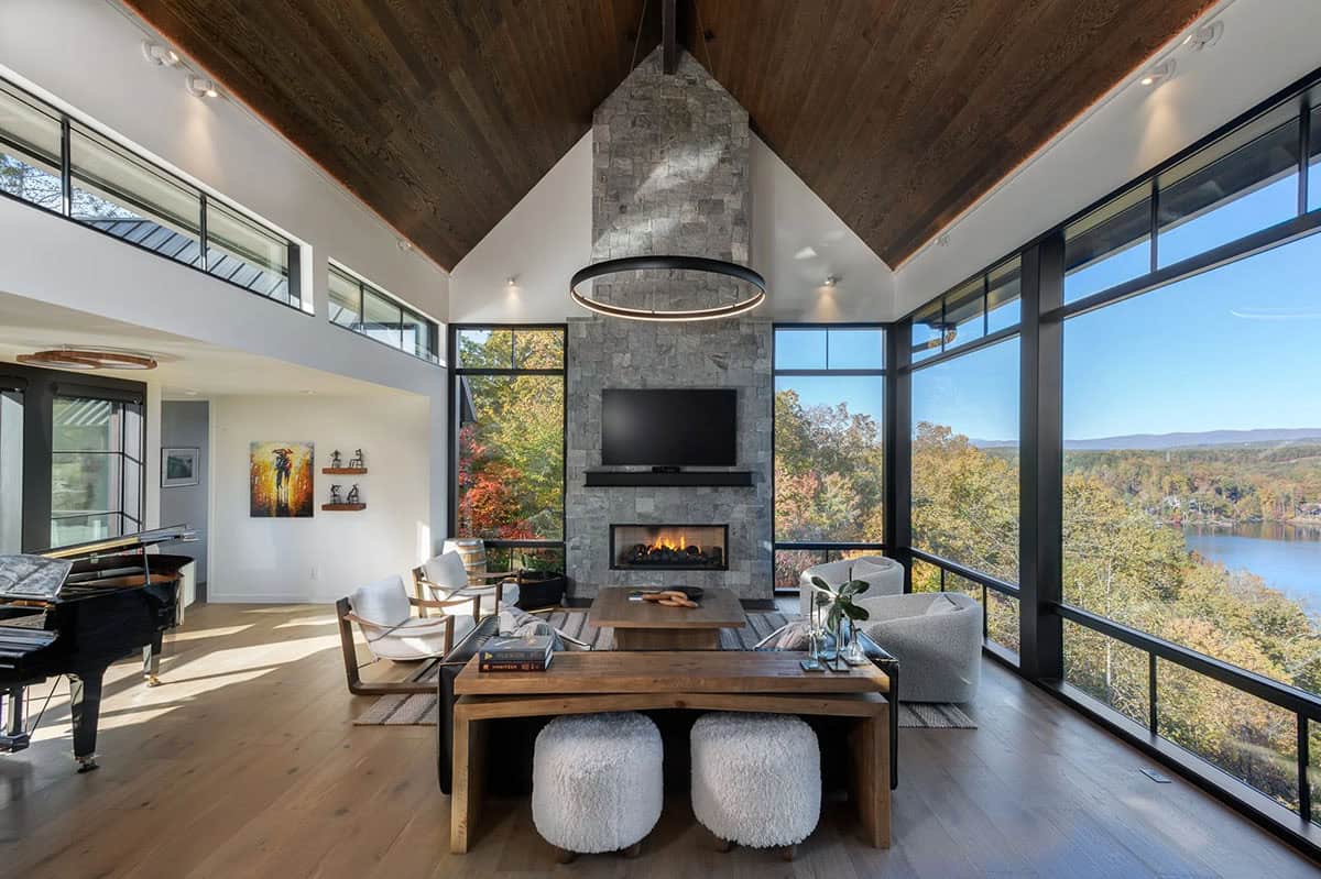 modern living room with a fireplace