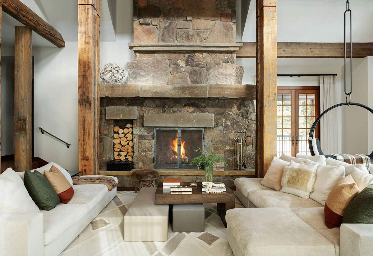modern rustic living room with a fireplace