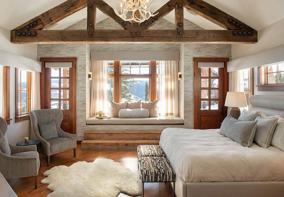 modern rustic bedroom with a built-in window seat