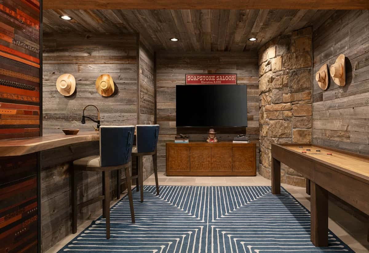 modern rustic home bar with a shuffle board