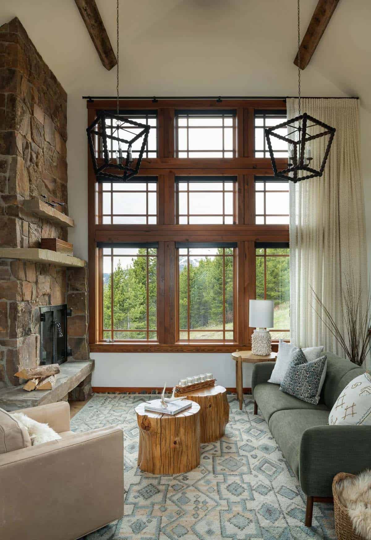 modern rustic family room with a fireplace