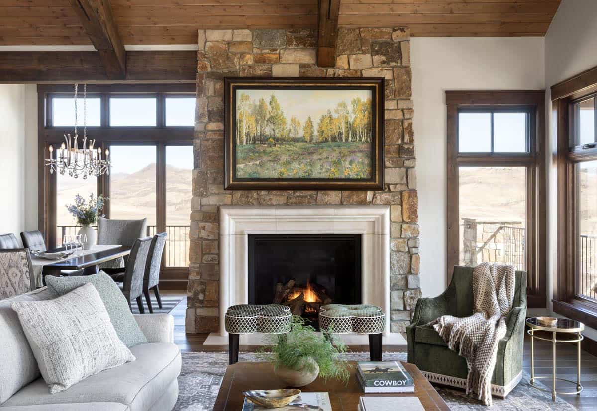 modern rustic living room with a fireplace