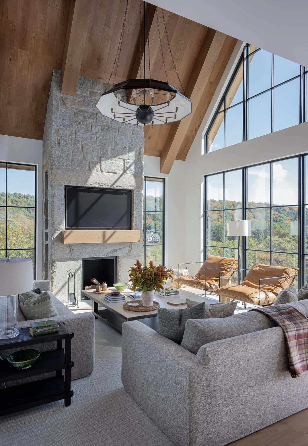 modern scandinavian style living room with a fireplace