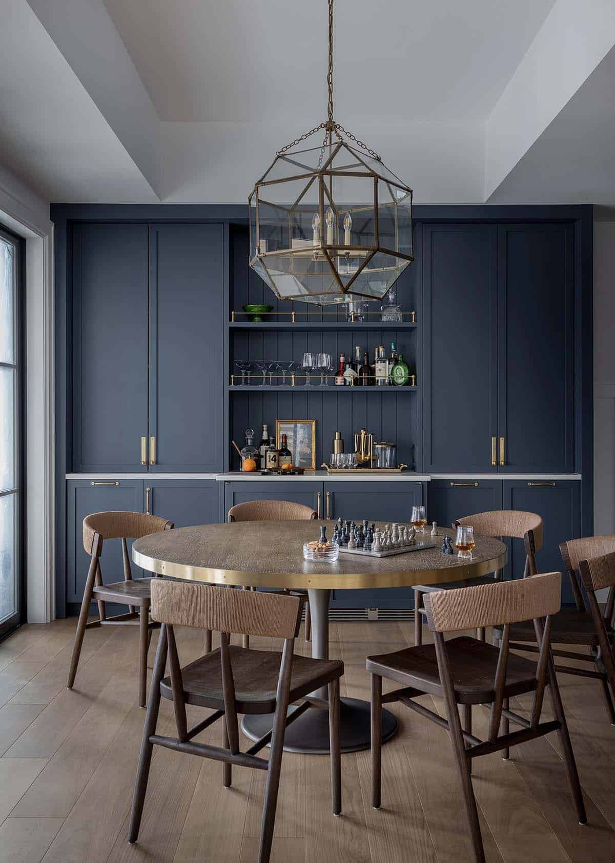 modern scandinavian style family room with a bar