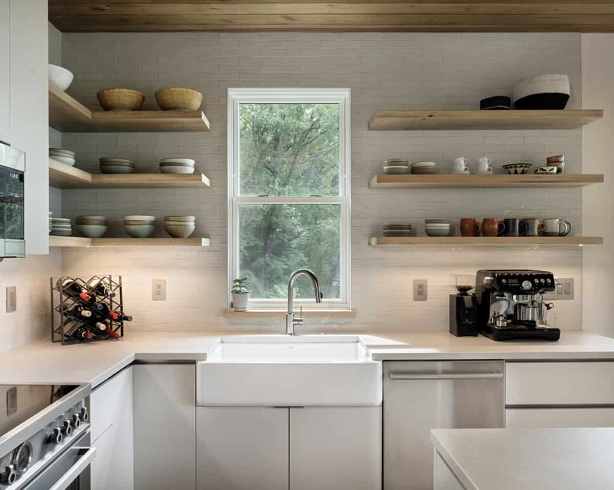 contemporary kitchen with floating shelves 