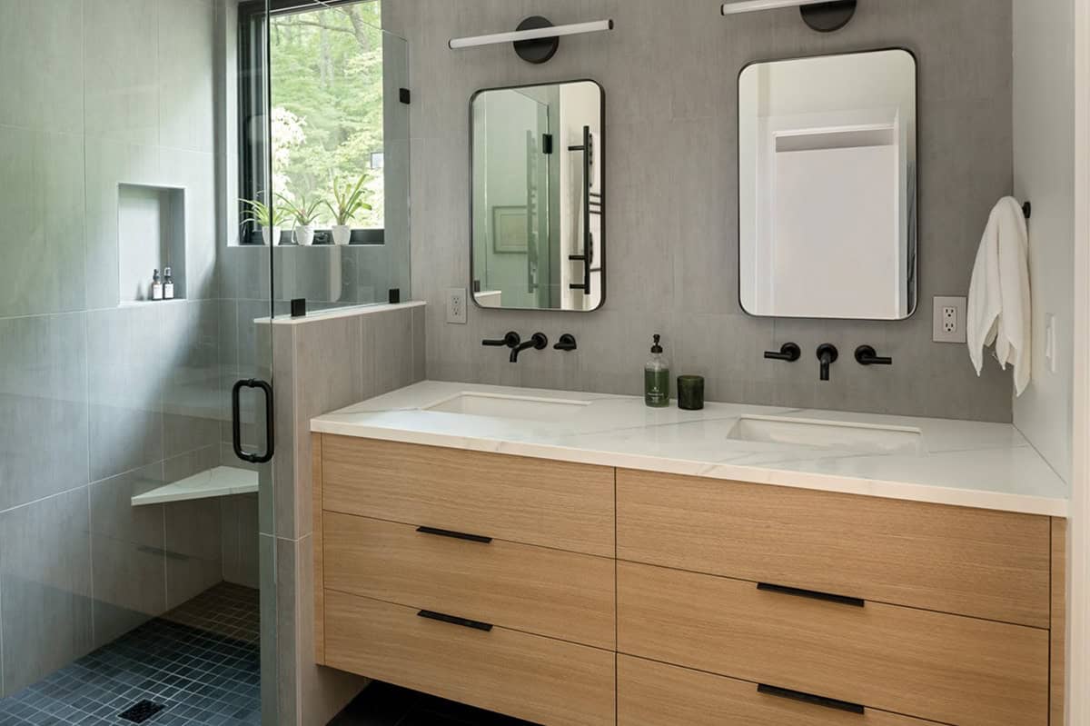 contemporary bathroom vanity and shower