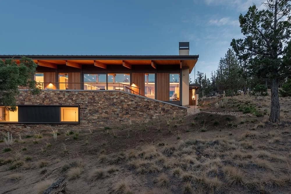 modern house exterior at dusk