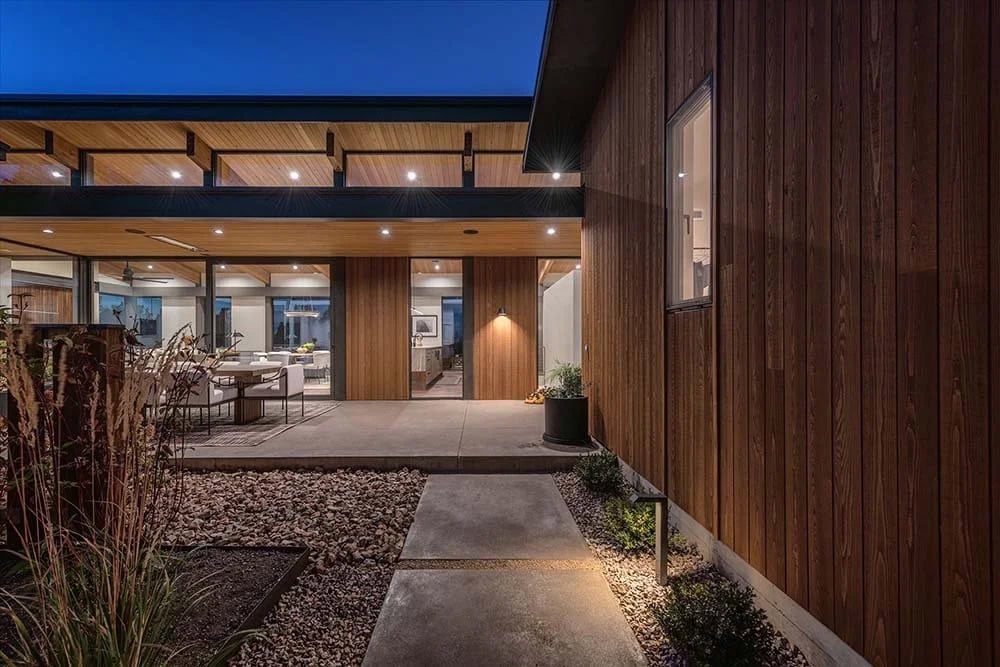 modern house exterior at dusk