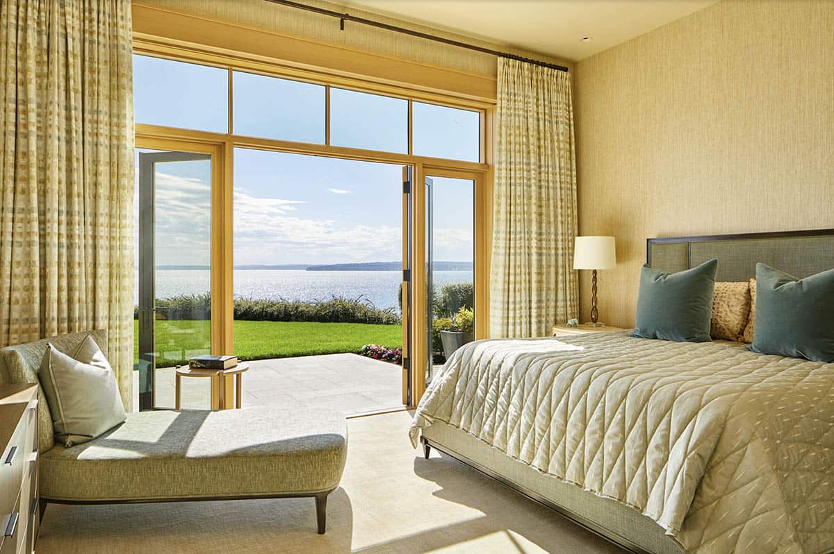Transitional Bedroom with french doors leading to the back patio