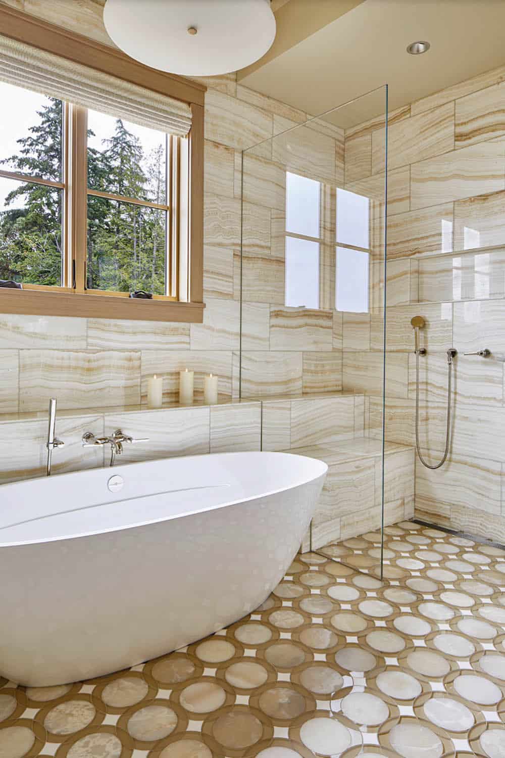 Transitional Bathroom with a freestanding tub and shower