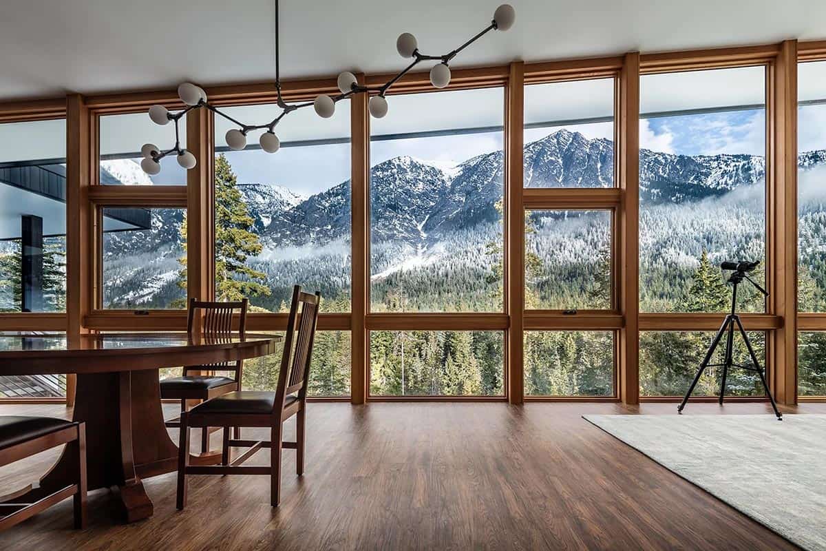 rustic dining room with large windows