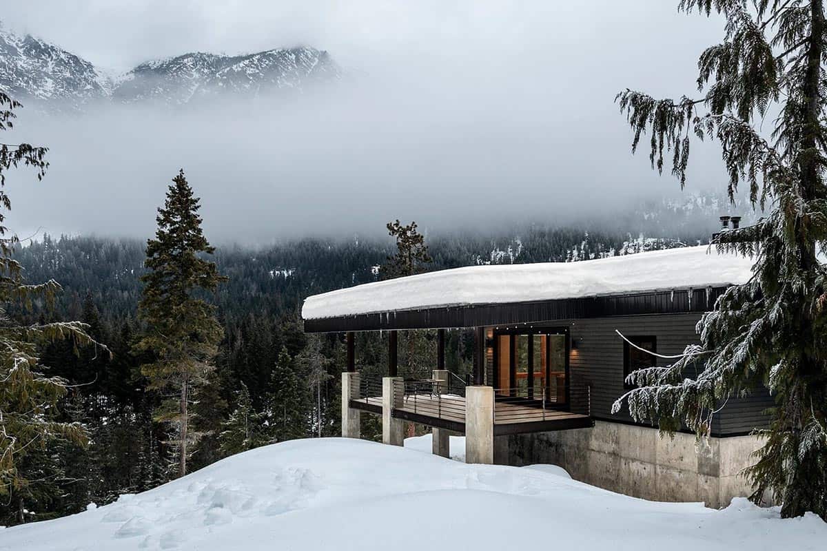 off-grid mountain cabin exterior with snow