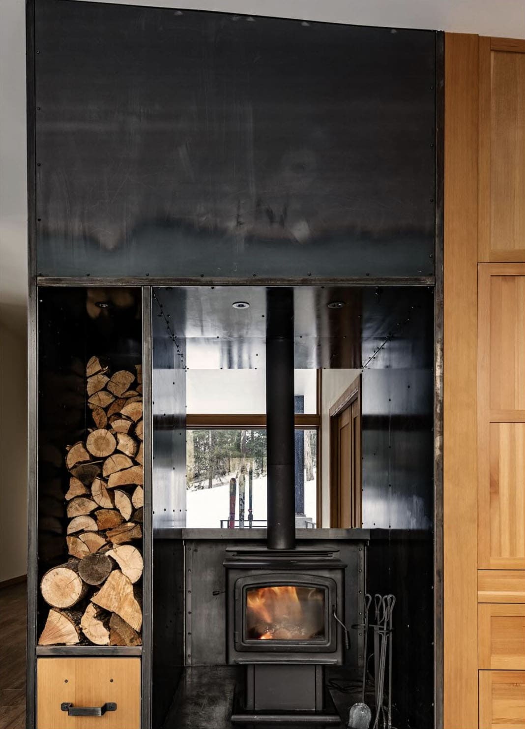 rustic great room fire stove