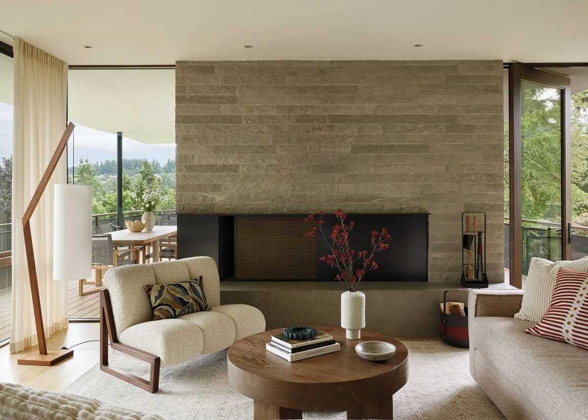 contemporary living room with a fireplace