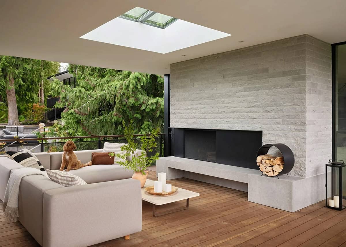 contemporary living room with a skylight