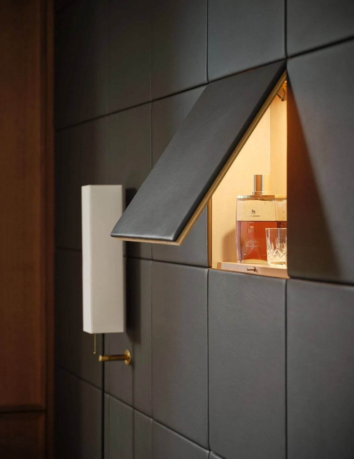 contemporary home office with an in-wall bar