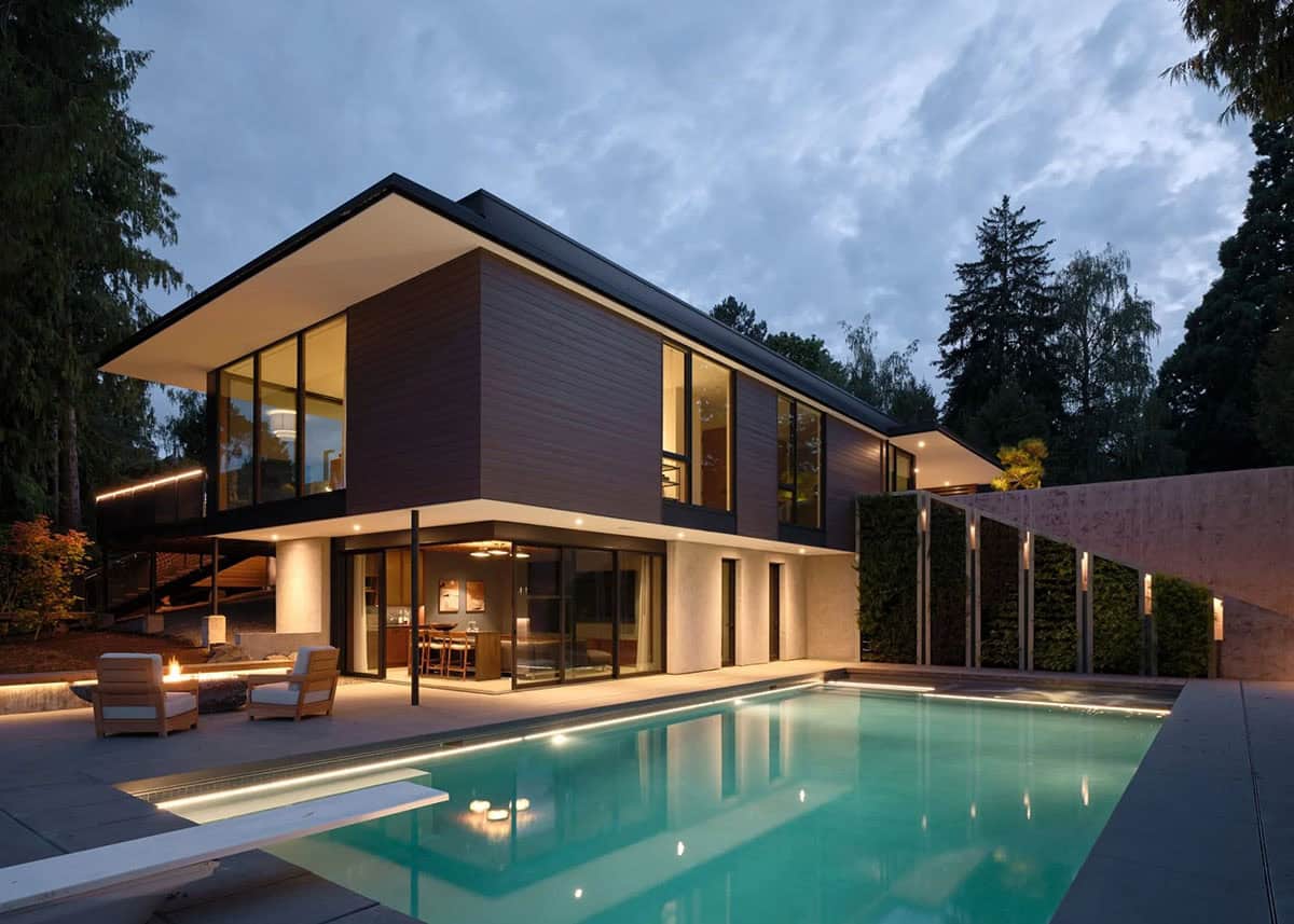 contemporary swimming pool at dusk