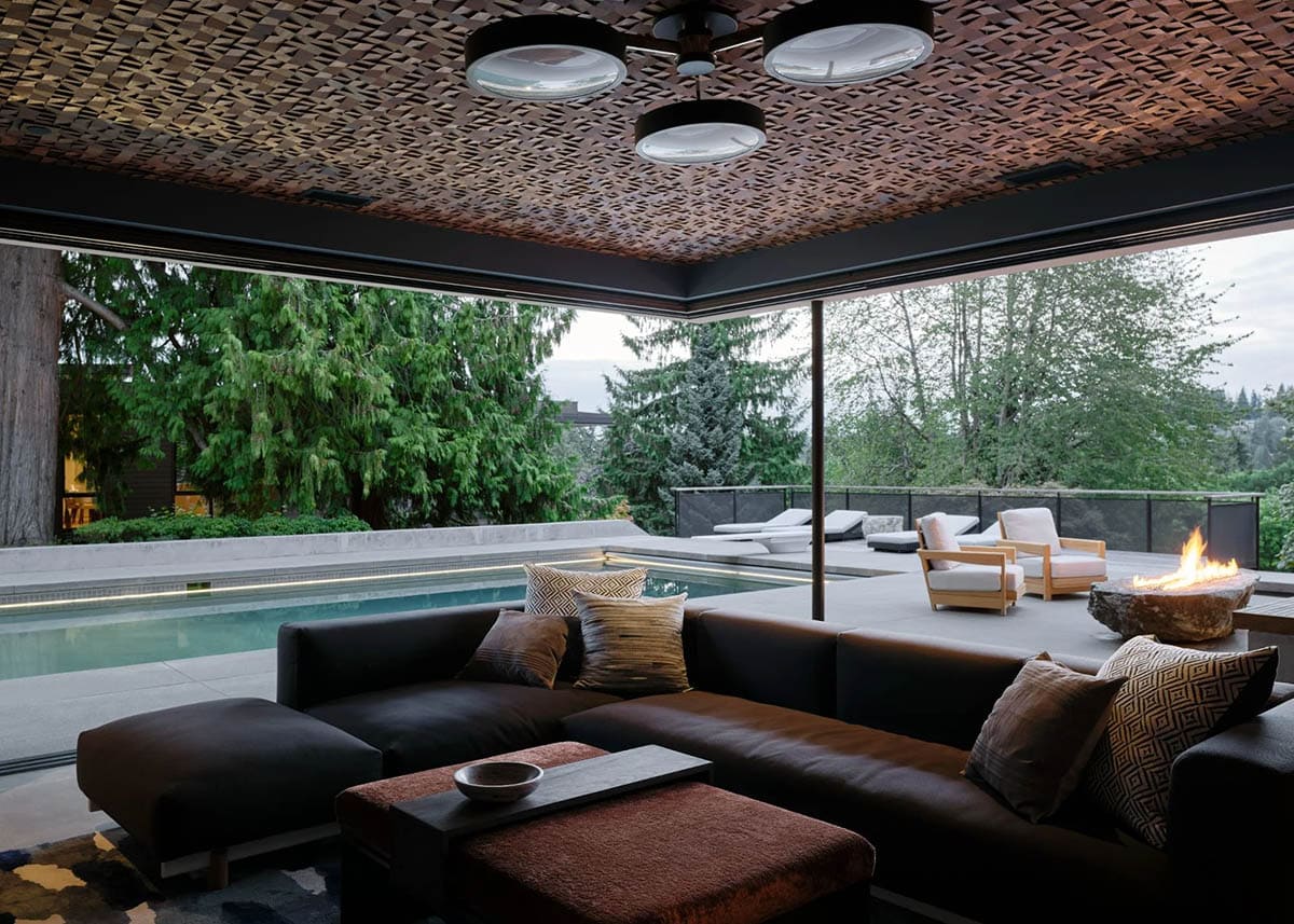 contemporary covered patio with outdoor furniture