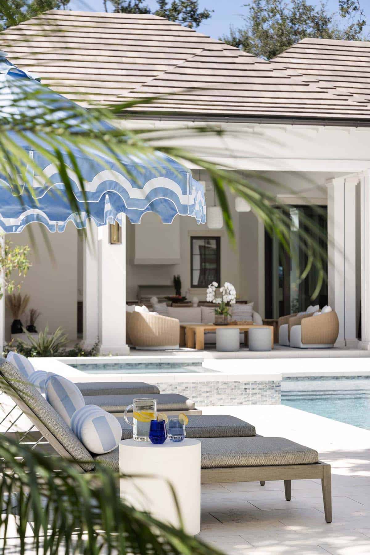 waterfront home exterior with a pool