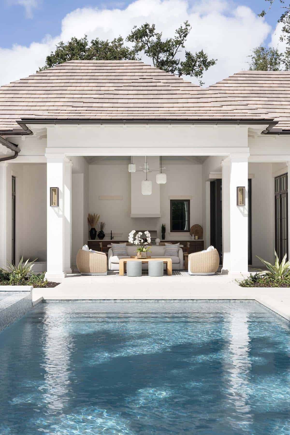 waterfront home exterior with a pool