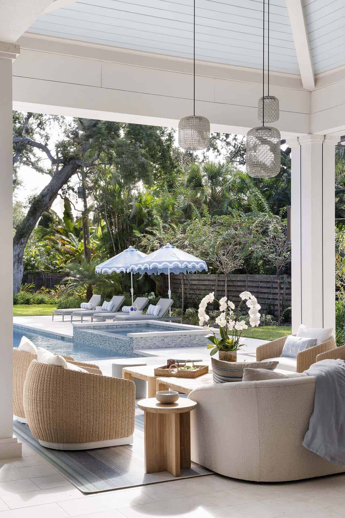 coastal style covered patio with a view of the pool