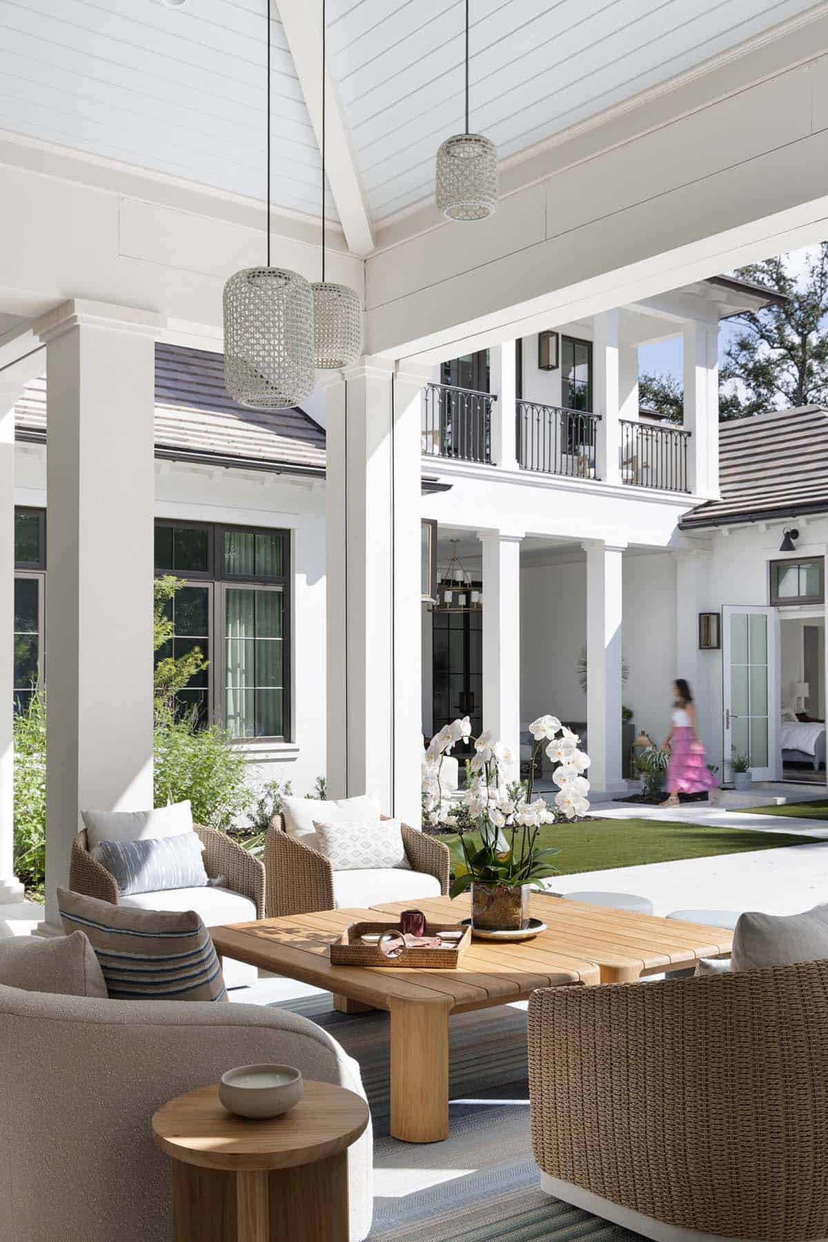 coastal style covered patio with a view of the pool