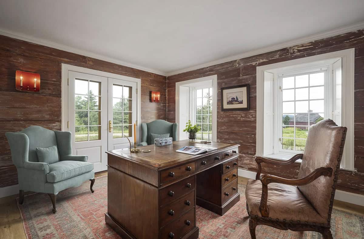 rustic home office with french doors