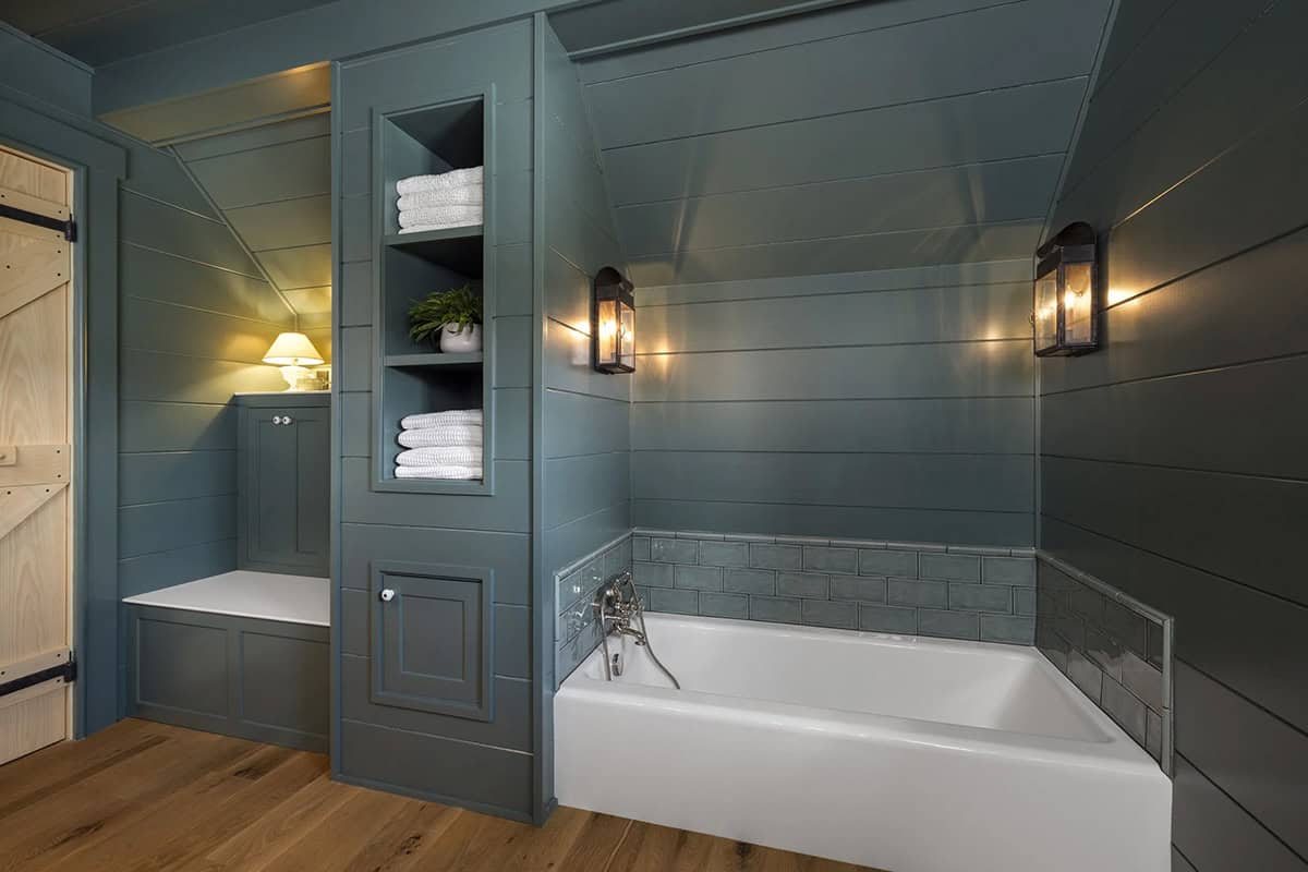traditional bathroom with blue painted walls