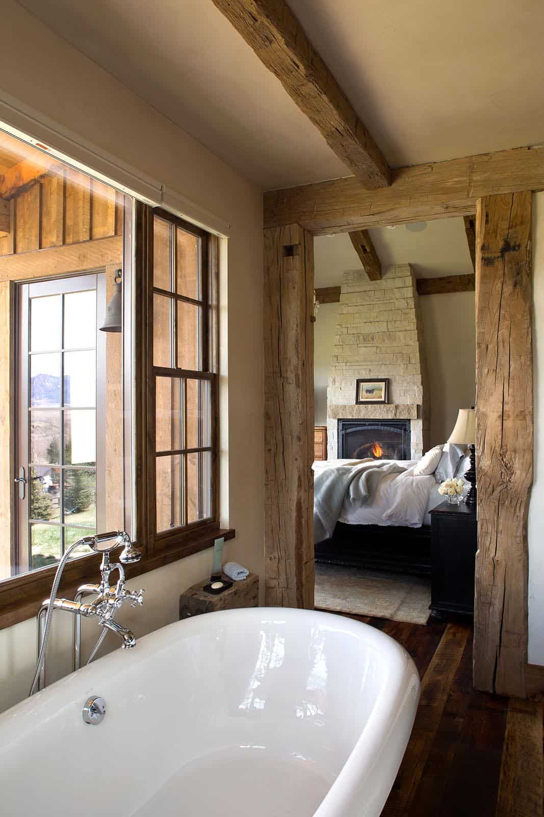 rustic bathroom looking into the bedroom