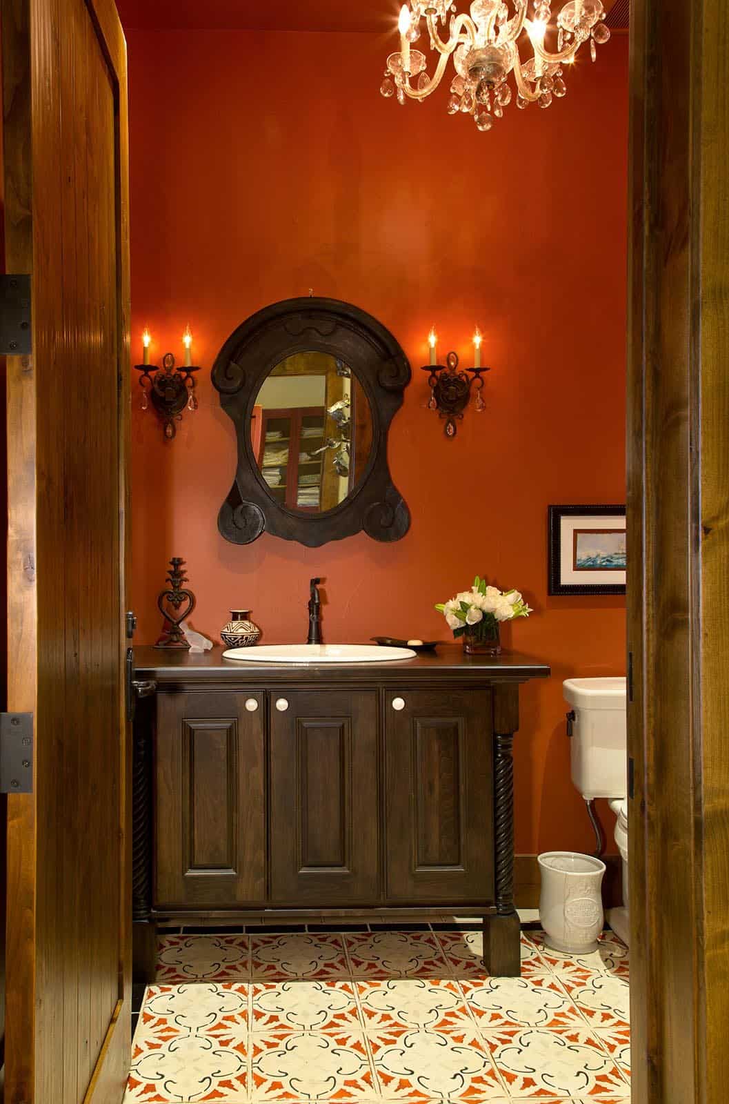rustic powder room with red walls