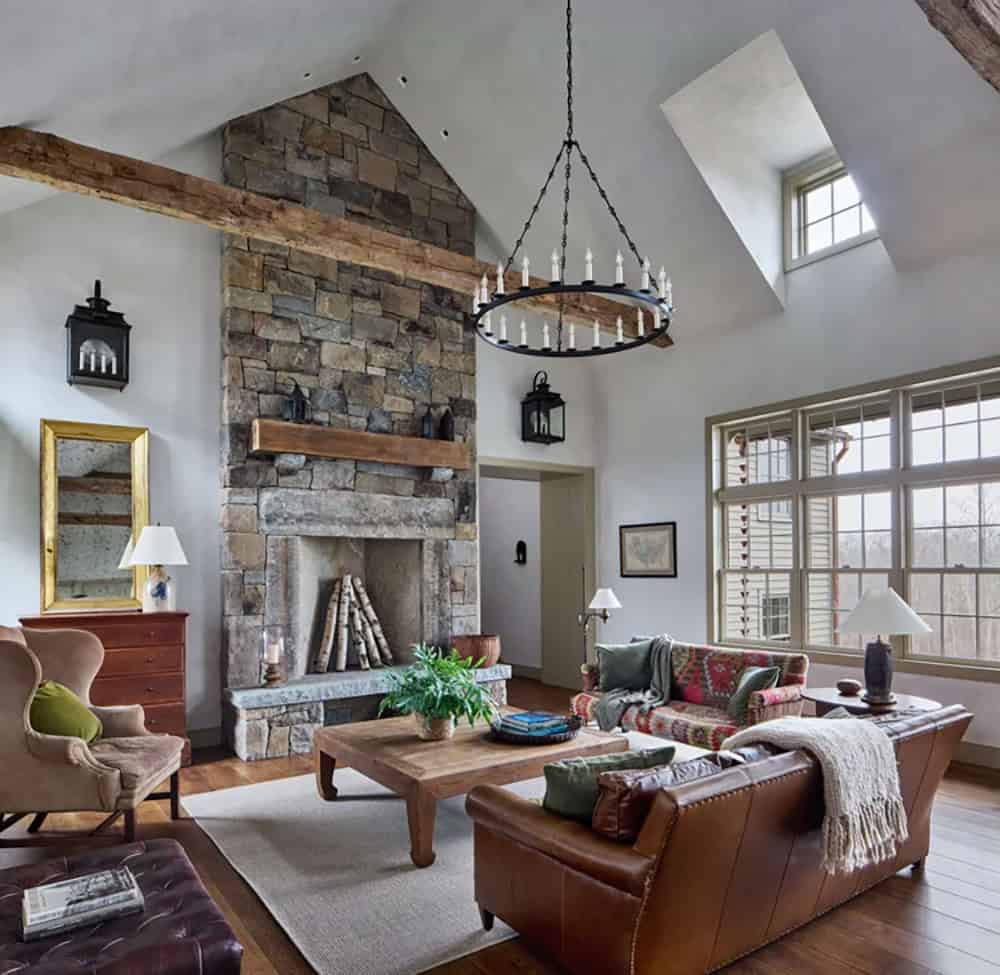 Saltbox Farm house living room with a stone fireplace